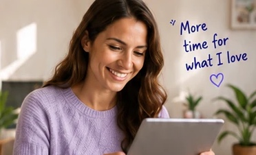 A tutor smiling while using a tablet, with the handwritten note “More time for what I love”